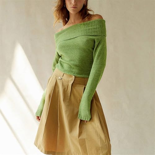 Image of Women Off The Shoulder Sweater Y2k Long Sleeve Boat Neck Knit Cropped Pullover Tops Fall Trendy Going Out Streetwear