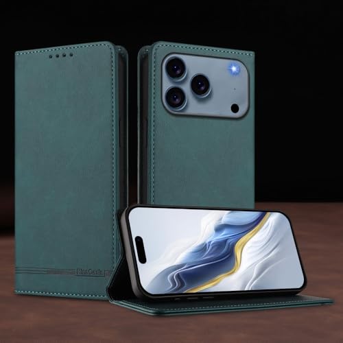 Étui en cuir iPhone 17 Pro vert foncé finition magnétique haut de gamme