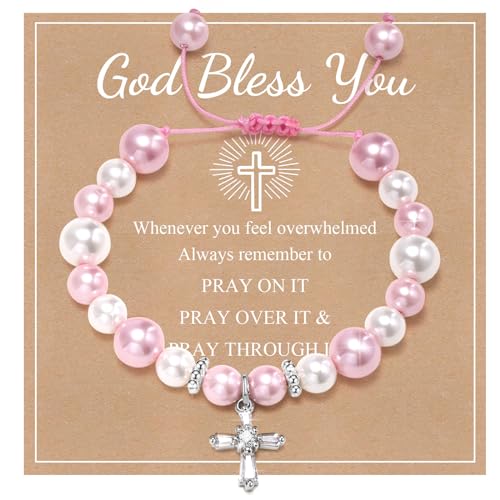 Image of MEALGUET Cross Bracelet Baptism for Girl : Pink White Bead Cubic Zirconia Rosary Christian Cross Charm Bracelet Religious Jewelry First Communion Confirmation for Teen Girls Daughter Niece Kids