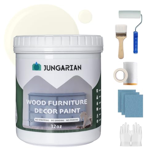 Jungarian Furniture Paint Kit 32oz with Tools - Water-based & Low Odor No Sanding One-step Paint - Matte Finish Indoor Outdoor Wood Paint for Cabinets, Doors, Tables and Dressers, Ivory White