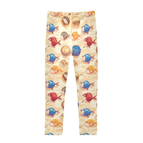 KLL Cute Puffer Hawaiian Fish Little Girls Active Leggings Comfortable Full Length Lounge Pants Gym
