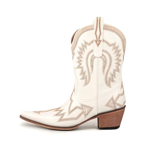 Women's Embroidered Cowgirl Boots Calf Thick Heels Pointed Head Country Music Festival Vintage Western Metal Cowboy Ankle Boot