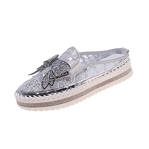 Image of Women's Platform Rhinestones Glitter Sneakers,Fashion Cute Bow Comfy Breathe Canvas Hand-Stitching Slip On Casual Walking Flat Loafers