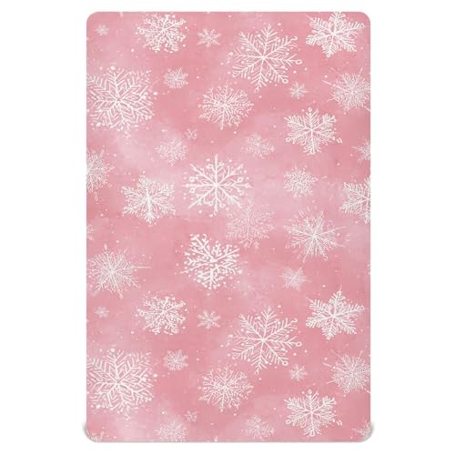 Image of Pfrewn Christmas Crib Sheets for Boys Girls Pink Retro Snowflakes Fitted Crib Sheet for Mini Crib Mattress Stretch Soft Winter Pattern Toddler Baby Playard Sheet,39x27IN