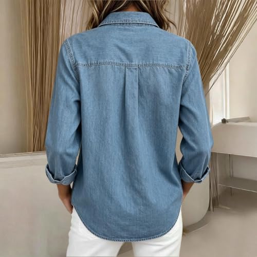 Denim Shirt Women Long Sleeve Loose Fit Button Down Collared Jean Blouse | Denim Tops For Women Relaxed Long Sleeve Blouse Fall Top With Pockets Work, Business Casual, Vacation, Beach, Resort - image 3