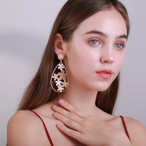 Hollow Raffia Flower Earrings, Handmade Large Teardrop Statement Drop and Dangle Earrings Summer Tropical Beach Jewelry3