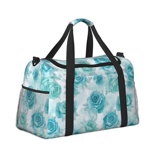Turquoise Roses Snowflake Duffle Bag Foldable Travel Tote Bag Carry On Large Weekender Overnight Bags Waterproof Gym Bag For Women Men