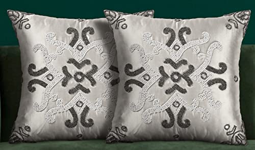 Homebia Designs Hand Beaded Decorative Pillow Cover, A Beautiful Needle Work And Elegant Accessory To Dress Up Your Couch, Sofa And Bed - Only Cover - 16X16 Inch 2 Pack - Gunmetal Ivory #TOP5
