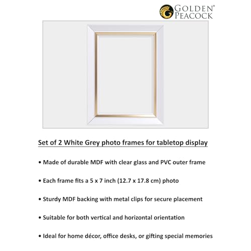 Image of GOLDEN PEACOCK Set of 2 5x7 Inch Photo Frames - Elegant White & Gold Finish | Decorative Tabletop & Wall Hanging Picture Frames for Home, Office & Gifting