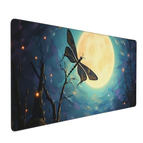 Tapis de souris de jeu lune libellule grand tapis d'écriture étanche pour bureau