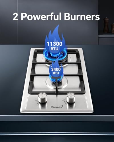 Image of Ranein 12 Inch 2 Burner Gas Cooktop, NG /LPG Convertible Gas Stove Top, 304 Stainless Steel with Thermocouple Flameout Protection for Kitchens, Apartments, RVs