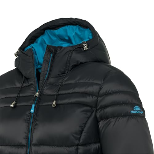 NORDCAP Steppjacke Damen, leichte Übergangsjacke, warm mit Kapuze, 100% Wattierung, ideal für den Frühling, Schwarz, Gr. 42