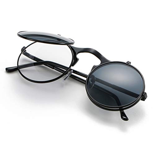 COASION Vintage Round Flip Up Sunglasses for Men Women Juniors John Lennon Style Circle Sun Glasses(Black Frame/Black Lens)