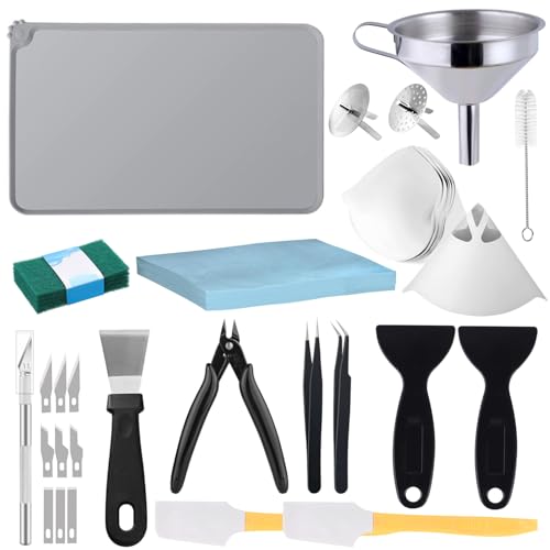 LCD 3D Printer Resin Tool Kit, Cleaning & Maintenance Set with Silicone Mat, Stainless Steel Funnel, Scrapers, Tweezers, Scissors, Trimming Knife for MSLA/DLP/LCD Resin 3D Printer Accessories