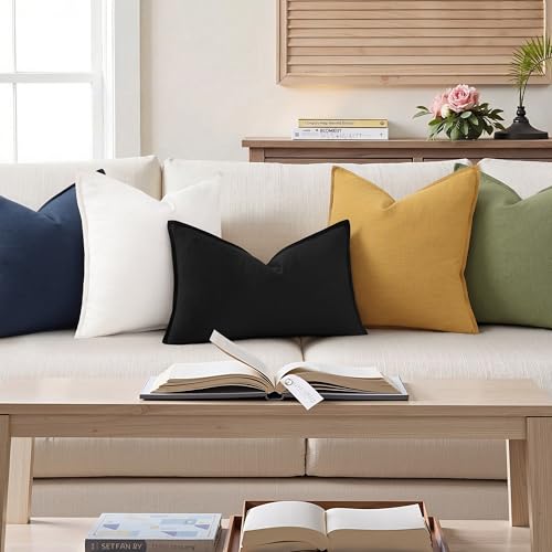 Image of decorUhome Decorative Linen Throw Pillow Covers 12x20 Inch Set of 2 Black Lumbar Pillow Covers with Flange Edges Soft Farmhouse Boho Accent Pillow Cases for Couch Bed Living Room