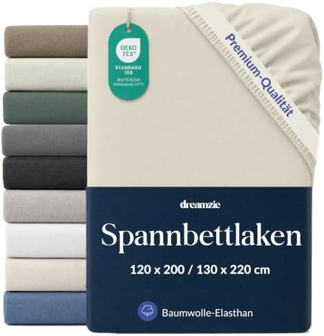 Dreamzie Spannbettlaken 120x200-130x220cm Beige, Baumwolle | Jersey 97% Baumwolle, 3% Elasthan · Oeko-Tex zertifiziert · 360°-Gummizug bis 35 cm · Ohne Bügeln