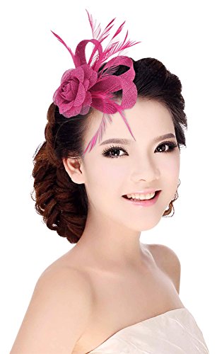 V-SOL GEMVIE Mujer Tocado de Boda con Pluma Fiesta Clip de Pelo Flores Talla Única Fucsia