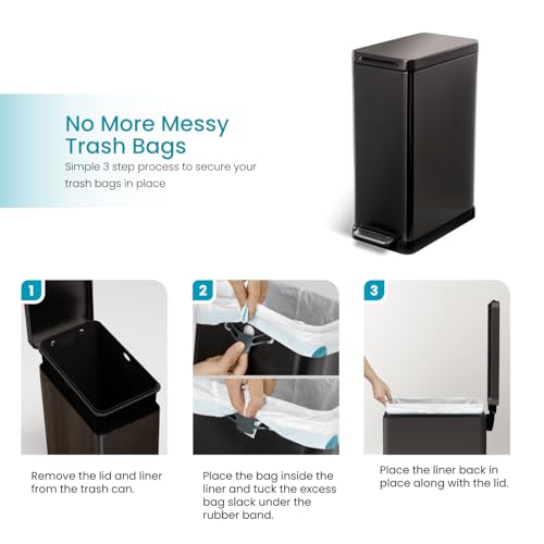 Image of Home Zone Living 12 Gallon Slim Kitchen Trash Can with Soft Close Lid, Step Pedal, Bag Tuck Band, and Removable Liner, Stainless Steel, Black, 45 Liters