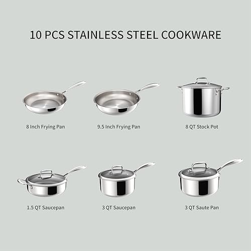 Image of 10 Pcs Stainless Steel Pots and Pan Sets for Various Cooking Needs | 5 Ply Clad, Compatible with All Cooktops, PTFE, PFAS and PFOA Free, Dishwasher Safe, Oven Safe Up to 800F
