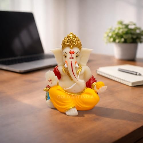 Image of Gold Art India Gaddi Ganesha Idol 3.5 inch - Ivory Multicolour Ganpati Murti with Golden Jewelry | Hand-Painted Polyresin Ganesh Idol for Car Dashboard, Home Temple, Office Desk Decor
