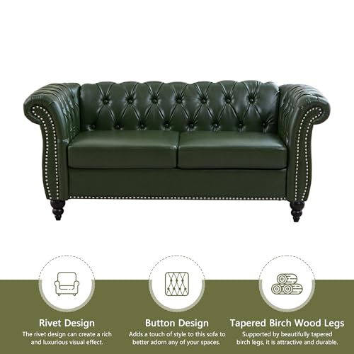 Image of QHITTY 2 Piece Living Room Set, Sectional Chesterfield Sofa Contemporary Upholstered Artificial Leather Loveseat Couch Sets for Living Room, Bedroom, Office (Green)