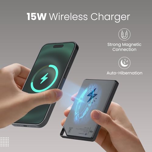 Image of Portronics Boosty 5k 5000mAh 15W Wireless Magnetic Fast Charging Nano Powerbank, Metallic Finish, 20W Type C PD Output, Light Weight, Compatible with iPhone 12 Above, Other Qi Enabled Devices