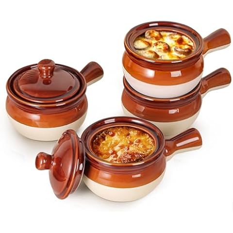 LIFVER French Onion Soup Bowls with Lids, Ceramic Soup Crocks with Handles, 18 OZ Soup Bowls with Lids for Soup, Cereal, Chilli, Beef Stew, Soup Crocks Bowls Oven & Dishwasher Safe, Set of 4 Cover