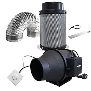 NICEGROW.de Grow Afvoerluchtset, 100 mm, buisventilator, dimbaar, actieve koolfilter, groeibox, ventilatie