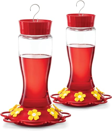 Hummingbird Feeder 20 oz [Set of 2] Glass Hummingbird Feeders for Outdoors, with Built-in Ant Guard - Circular Perch with 5 Feeding Ports - Wide Mouth for Easy Filling/2 Part Base for Easy Cleaning