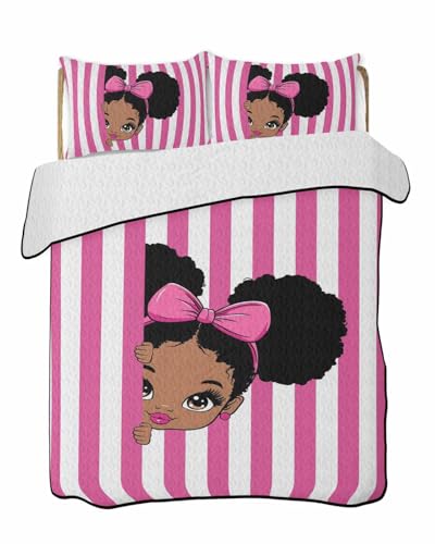 African Black Girl Peeking King Quilt Bedding Set,Summer Quilt Lightweight Quilted Coverlet with 2 Pillow Shams, Pink Bow White Stripe 3-Piece Bedspread Quilt Set for All Season