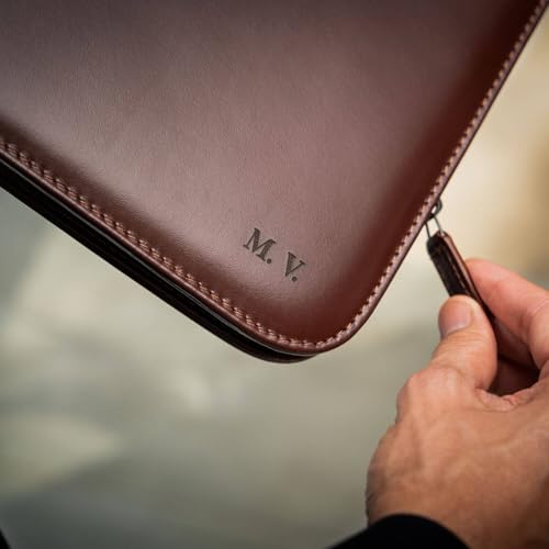 Image of Personalized Maruse Leather Portfolio Padfolio - Executive Folio for Men and Women with Zipper, Folio Document Organizer, Laptop Sleeve, iPad Case and Folder - Made in Italy, Monogram Brown