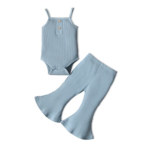 Image of Infant Baby Girl Clothes Sleeveless Romper Bodysuit Tops & Flared Bell Bottom Pants Solid Color Newborn Summer Outfits Sets