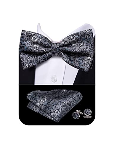 Barry.Wang Men/Boys Paisley Bow Tie Silk Black Grey Wedding Formal Classic Pre-Tied Bowties with Handkerchief Cufflinks Business