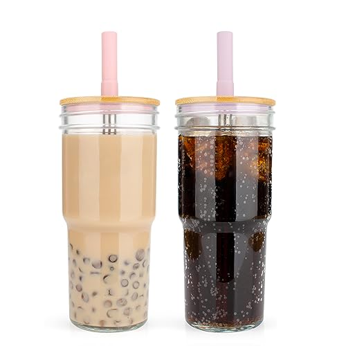 Luxfuel 16 oz Glass Tumbler with Lid & Straw, Reusable Iced Coffee Cup & Smoothie Cup, Leak-Proof Borosilicate Glass for Coffee, Iced Tea, Water – 1 Pack, Ideal for Office, Home & Travel, Am