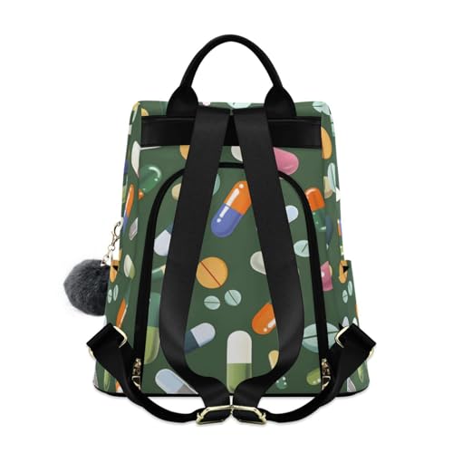 KLL Colorful Various Pills Green Fashion carry on backpack multipurpose large backpack for women for Daily College Shopping with Pom-pom keychain2