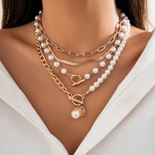 Chunky Gold Layered Pearl Necklaces Set for Women Trendy Stack Half Chain Half Pearls Beaded Statement Necklace OT Buckle Paperclip Choker Jewelry Gift4