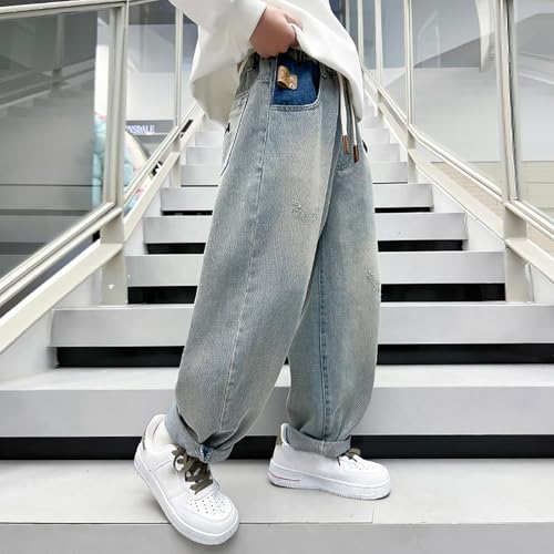 Kids Boys Streetwear Wide Leg Jeans Baggy Straight Elastic Waist Washed Denim Pants Cool Loose Trousers for Youth Boys4