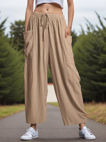Women Summer Beach Vacation Pants Linen Wide Leg Pants Casual Loose Drawstring High Waisted Pants Flowy Palazzo Lounge