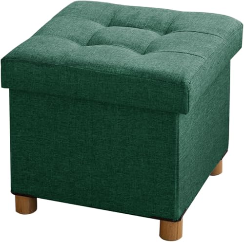 BRIAN & DANY Baúl Plegable Cuadrado Taburete de Almacenamiento Tapizado en Esponja con Patas de Madera Maciza, 38 x 38 x 38 cm, Verde Oscuro