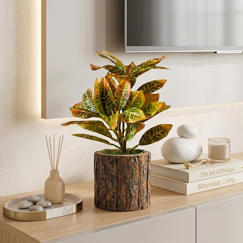 Image of Dekorly Artificial Croton Plant with Real Wooden Vase (20CM Overall Height) | Decorative Lifelike Faux Floral Plant in Rustic Tree Log Pot for Living Room