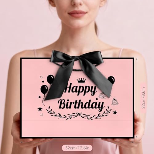 Image of JMANNI Happy Birthday Gift Bag, Pink with Black Satin Bow & Crown Design, Medium Birthday Present Bag for Party Favors, Size 12.60 inchx8.66 inchx4.33 inch