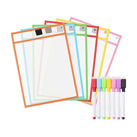 A4 Wipe Clean Pockets Plastic Dry Wipe Erasable Reusable File Storage Bag with Marker Pens for Teaching Office Education, 3 Pack, Color Random Cover