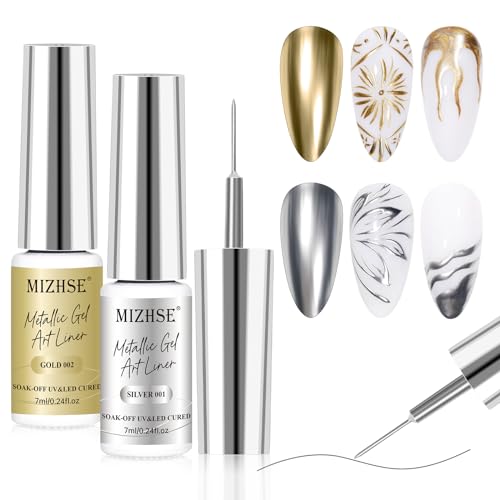 MIZHSE Metallic Painting Gel Set - 2 Farben Sliver und Gold Painting Gel, 3D Crome Glue Nail UV, Gold Pigment Nagel, Metallic Silber UV Lack, Liner Nail Art 7ml 2PCS