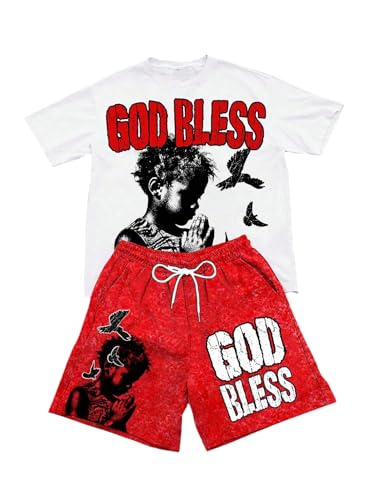 SOLY HUX Mens Summer Short Set Streetwear Graphic Tees and Shorts Tracksuit 2 Piece Outfits White Red Graphic X-Large