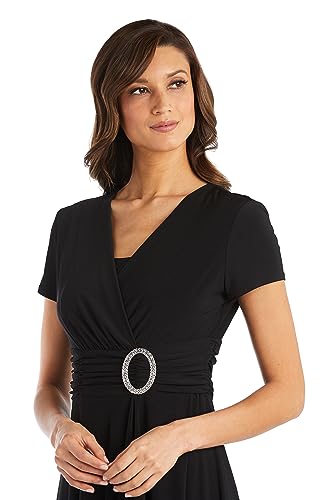 Image of R&M Richards Women's Cascade Wrap Dress with V-Neck & O-Ring Rhinestone Buckle, Work to Weekend Short Sleeve Flowy Silhouette