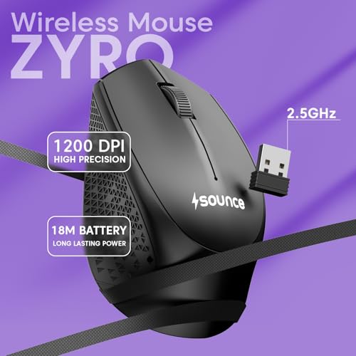 Image of Sounce Zyro Wireless Mouse 2.4GHz USB Nano Receiver with 1200 DPI Optical Sensor, 3 Button Ergonomic Design, 18M Battery Life, Quieter Clicks and Smooth Tracking for PC LaptopUsers (Black)