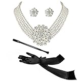 Vintage Necklace,Earrings, Long Black Cigarett Holder, Black Opera Gloves 1920s Costume Jewelry...