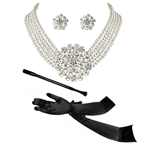 ROFIFY Vintage Necklace, Crown Tiara, Earrings, Long Black Cigarette Holder, Black Opera Gloves 1920s Gatsby 4 Piece Costume Jewelry Accessories Set Audrey Hepburn Inspired Breakfast at Tiffany's