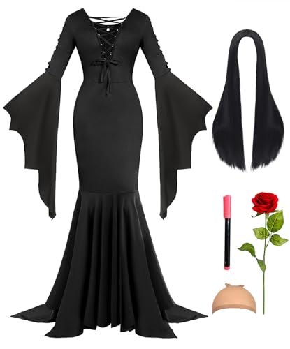 Mosong Halloween Costume Adult Black Gothic Dress for Morticia Addams Costume Women with Floor Length Black Dress for Vampire Witch Costume MS074M