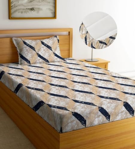Image of NEW LEAF Premium 100% Cotton Feel Elastic Fitted Single Mattress Bedsheets with 1 Pillow Cover| All Around Elastic 200 TC Supersoft | (Size-78+36+6 inches, Beige Navy Marble